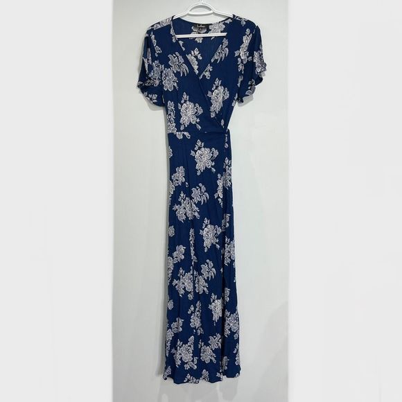Lulu's Heart of Marigold Navy Blue Floral Print Wrap Maxi Dress XL Boho Rayon - Picture 4 of 14